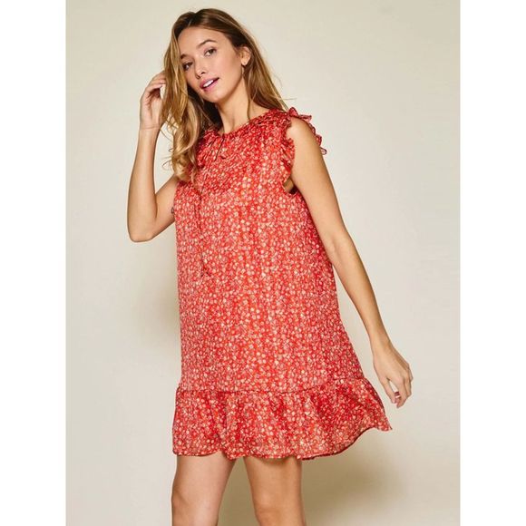 Coral Sleeveless Shimmer Ruffle Floral Dress - Picture 3 of 4